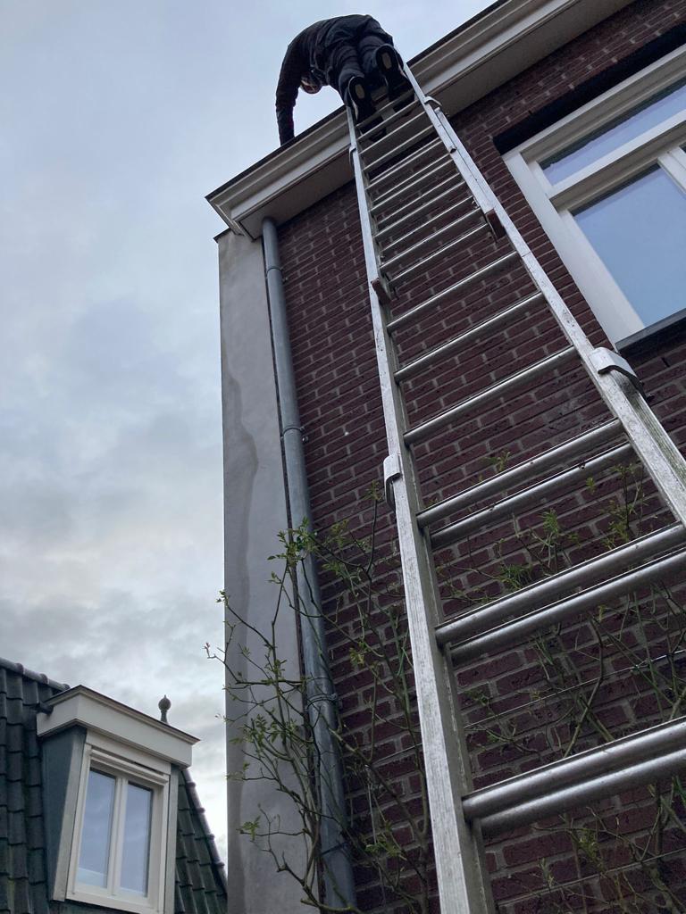 Dakpannen renocatie na stormschade met ladder
